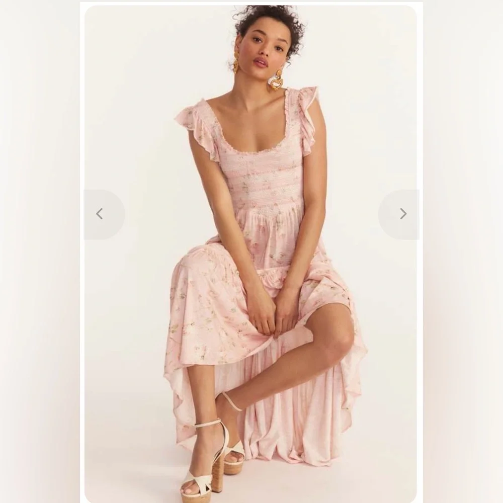 LoveShackFancy Chessie Maxi Dress Ballet Pink Floral Smocked M Cottagecore - Picture 2 of 10